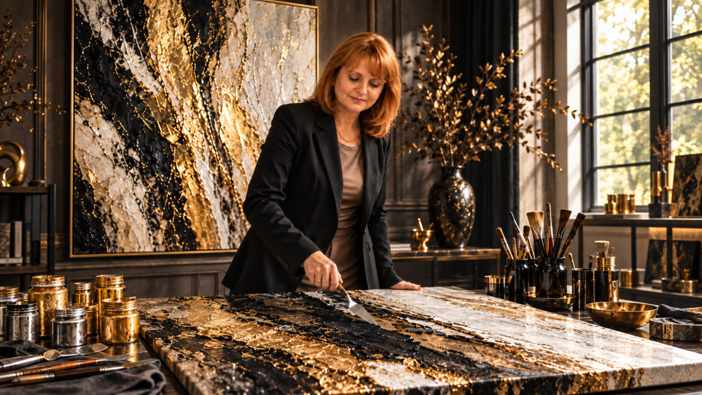 Irene Peysakhova creating original mixed-media artwork in her studio